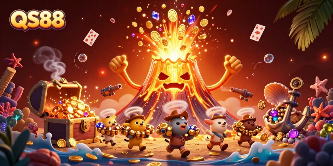 Experience the thrilling QS88 gameplay with a golden volcano erupting treasures and tiny explorers escaping with riches.