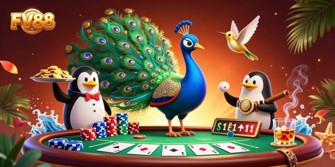 Witness the lively scene at FV88 casino with a peacock, penguin, and hummingbird amidst dynamic poker elements.