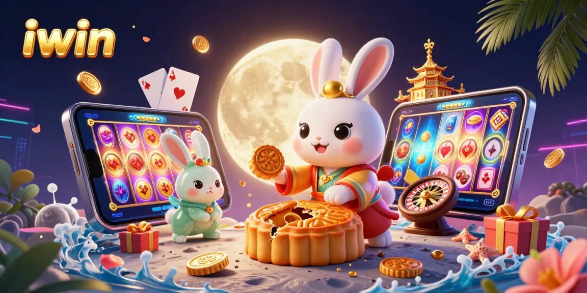 Experience exciting iwin moments with a lively 3D casino scene showcasing the moon rabbit and game elements.
