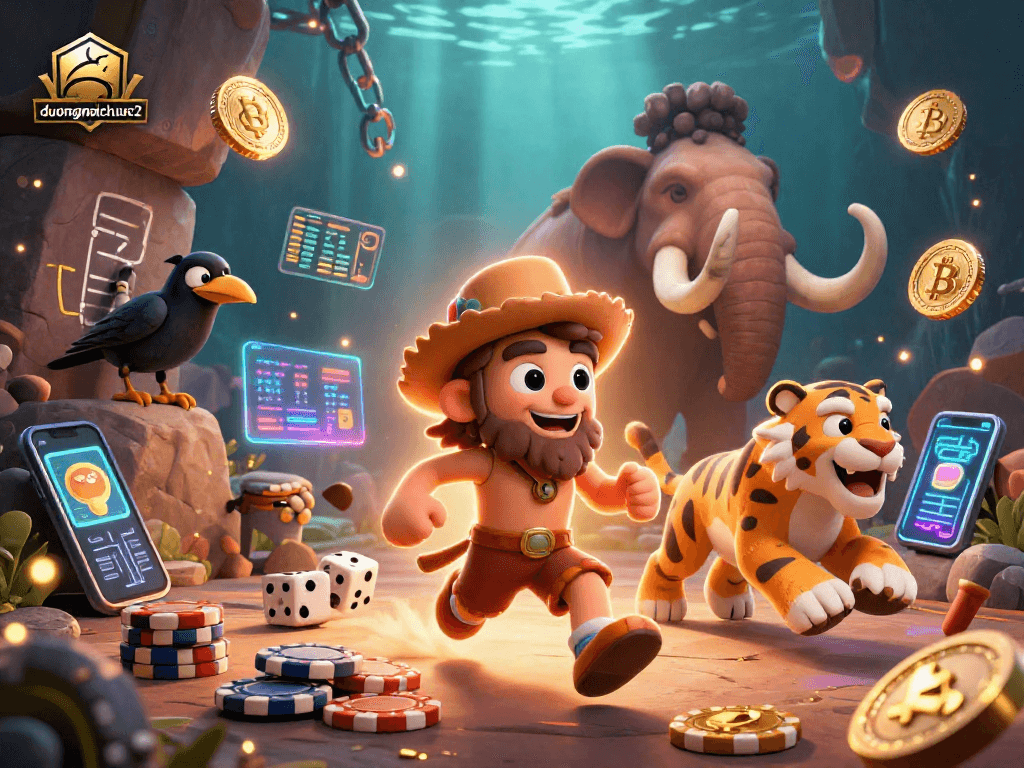 Experience duongmatchuoc2's dynamic casino action with caveman and sabertooth duo amidst glowing crypto coins.