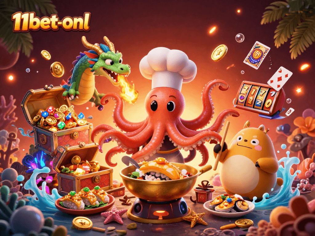 Experience thrilling gameplay at 11bet-onl with vibrant casino characters and treasures in a rich 3D scene.