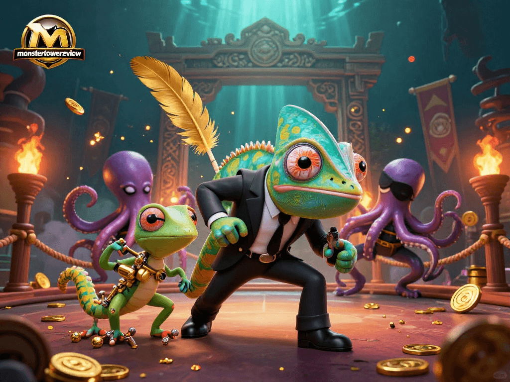 Engage in thrilling gameplay at monstertowerreview with dynamic illustrations featuring vibrant casino elements and characters.