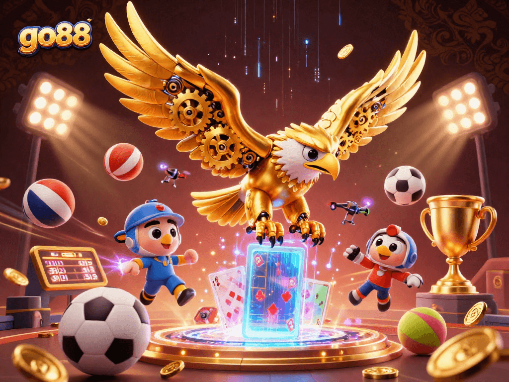 Go88 offers thrilling sports betting visuals with a cybernetic eagle and dynamic game elements.