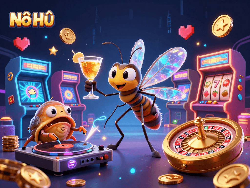 Nổ Hũ slot reels and colorful arcade elements create an engaging gambling atmosphere.