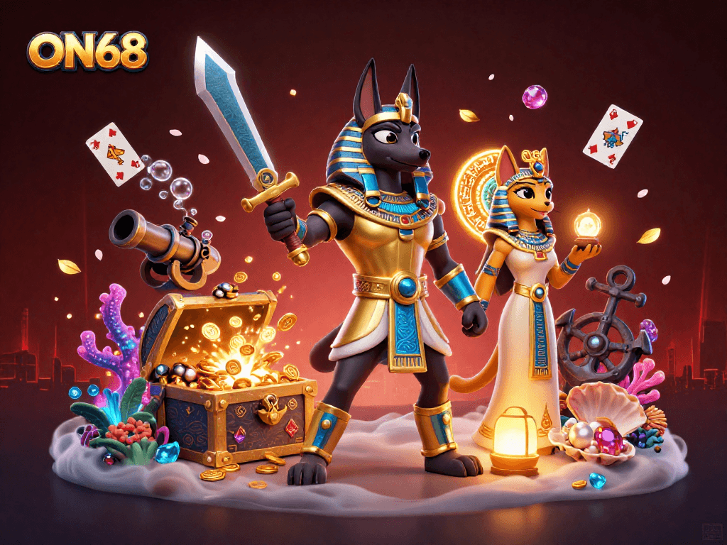 Experience the thrill of ON68 with Anubis and Bastet in a vibrant casino adventure.