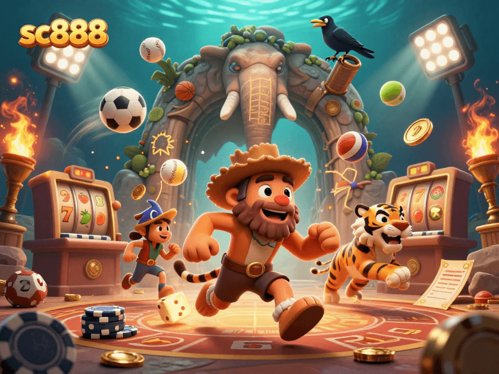 Experience the thrilling action of sc888 with caveman and sabertooth in a dynamic casino scene filled with games.