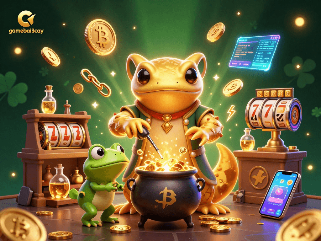 gamebai3cay captivates with a vibrant scene of a golden alchemist and his helpers transforming base metals into gold within a modern casino.