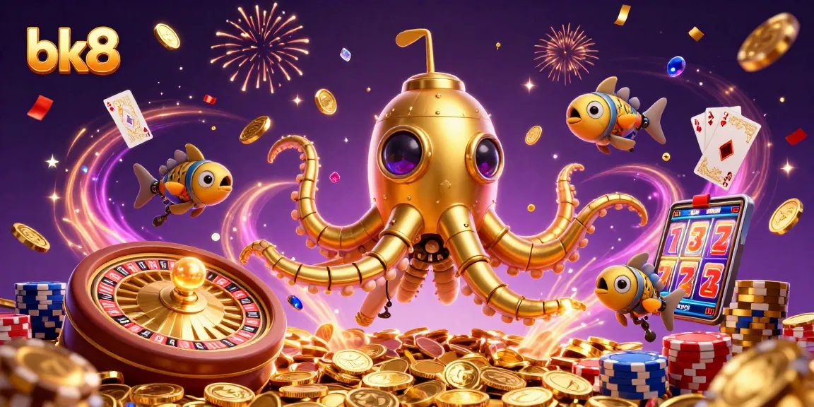 Experience thrilling bk8 adventures with a vibrant 3D illustration of a gambling-themed underwater scene bursting with excitement.