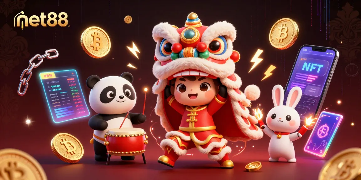 Engage in vibrant net88 casino experiences with a lively lion dance and crypto elements.