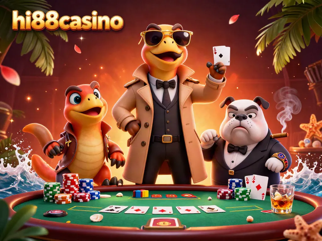 hi88casino's VIP lounge scene with playful raptors disguising, vibrant poker ambiance.