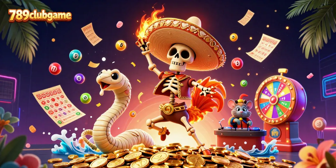 Experience the excitement of 789clubgame with a vibrant casino-themed 3D illustration featuring dynamic characters and prizes.