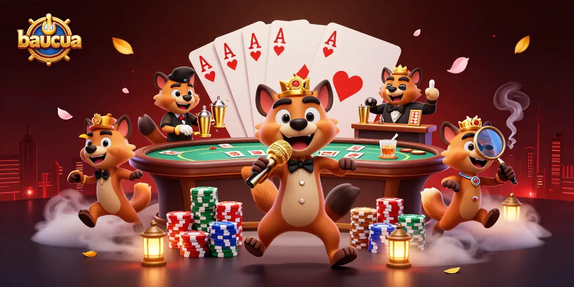 Experience baucua with lively hyenas in a vibrant casino scene showcasing poker excitement.