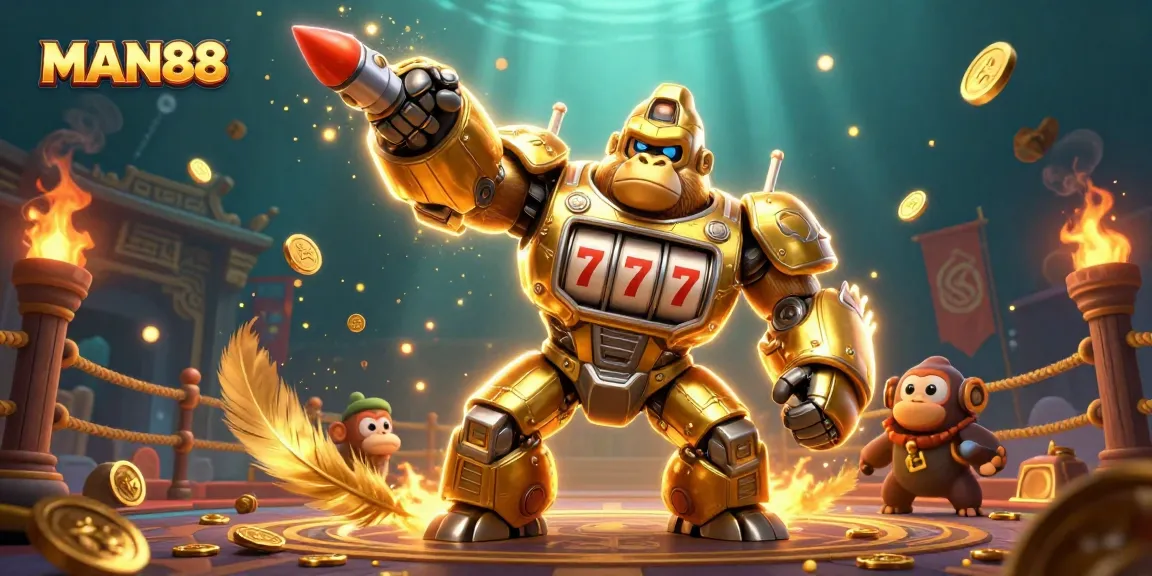 Experience thrilling gaming excitement with the MAN88 golden gorilla mech in action!
