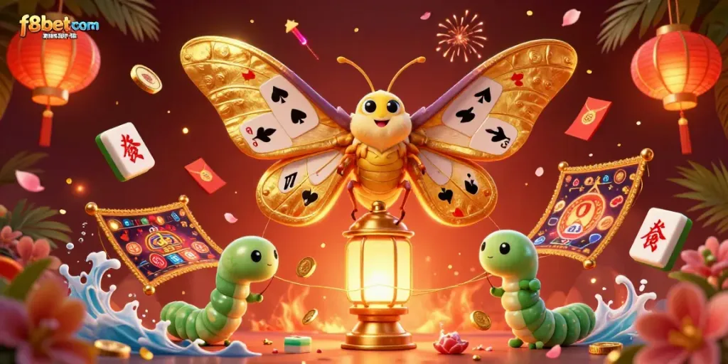 Engage with vibrant casino games at f8bet com, featuring an enchanting moth and golden casino elements.