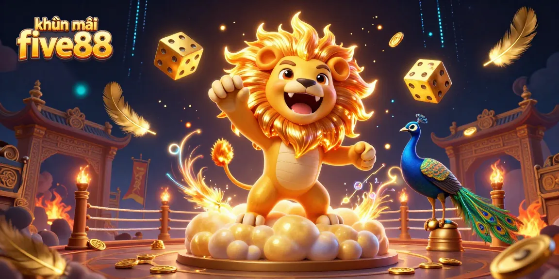 khuyến mãi five88 showcases vibrant casino elements, featuring a roaring sun lion and golden dice.