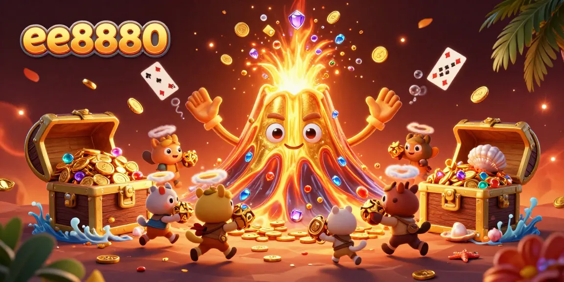 Experience thrilling wins at ee8880 with a vibrant scene of casino games and treasures.