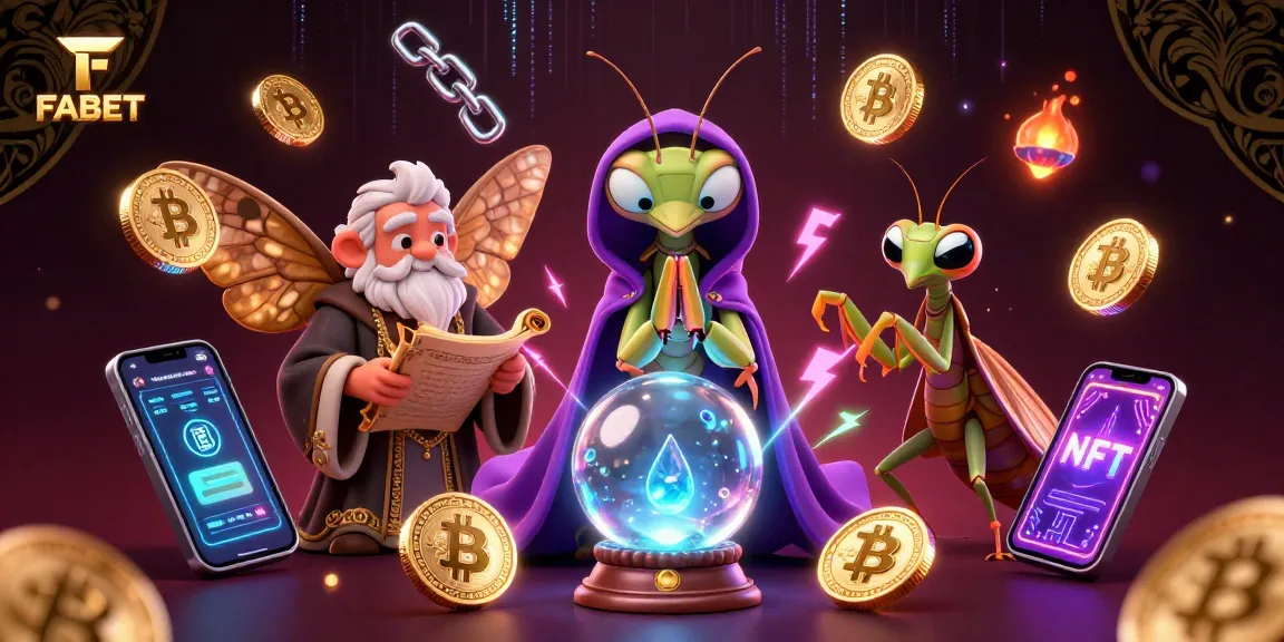 Bet on FABET's vibrant casino scene with mystical fortune tellers and digital currency elements.