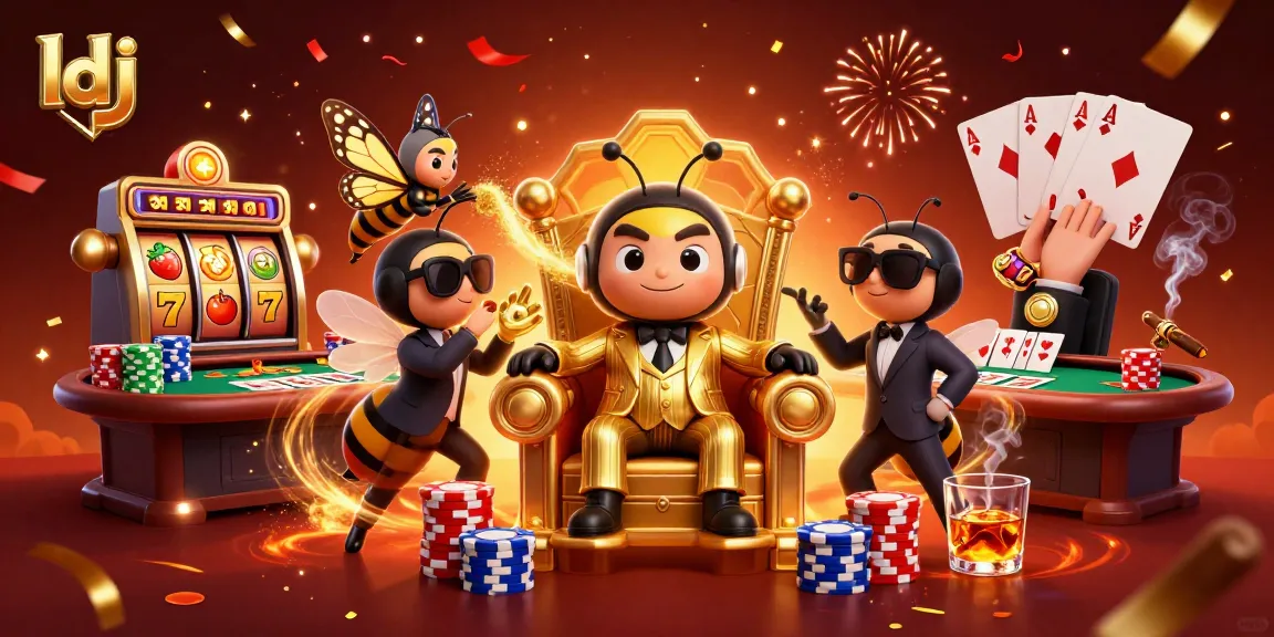 Engage with the vibrant ldj casino scene featuring a cartoon bumblebee mob boss amidst slot machine reels.