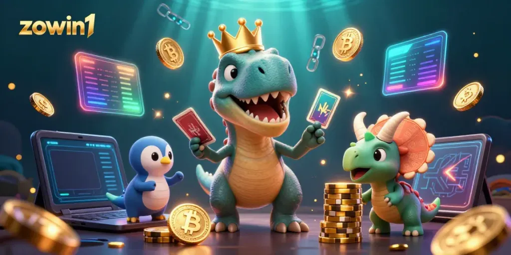 Engage with the vibrant world of zowin1 as characters shuffle cards, stack chips, and promote exciting game experiences.