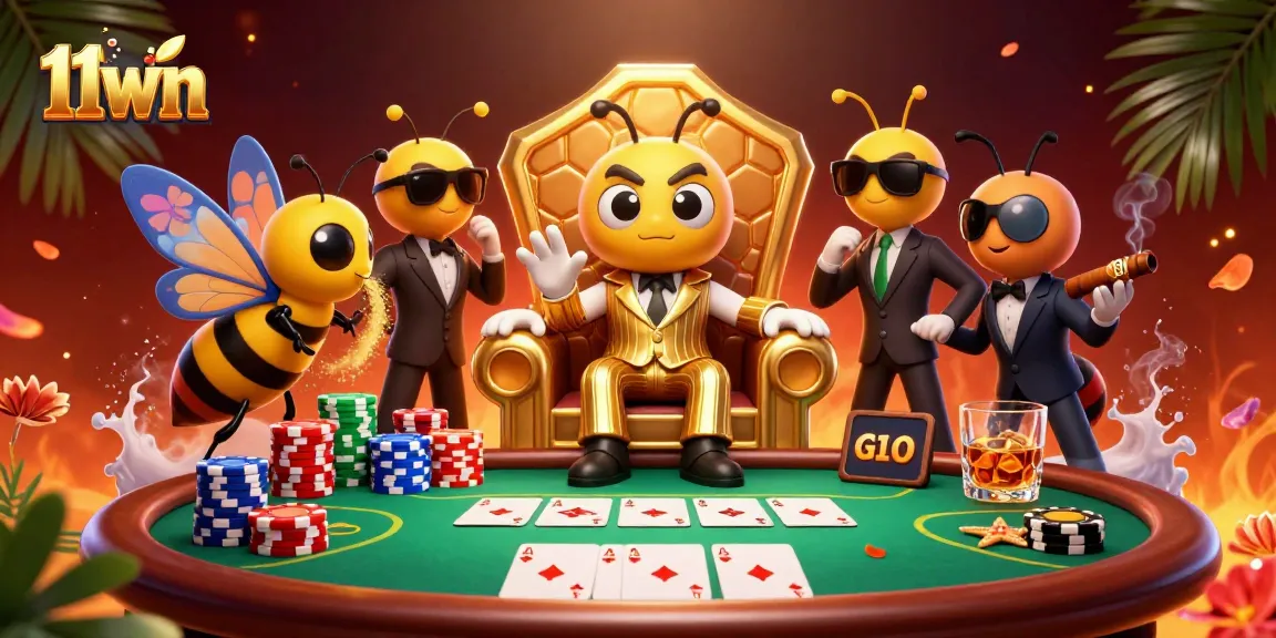 Engage with the vibrant 11wn casino scene featuring a bumblebee mob boss and poker elements.