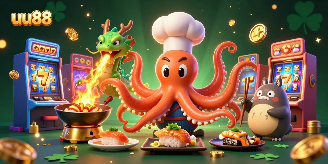 Engage with the exciting gaming world of uu88, featuring colorful slot machines, a charismatic octopus chef, and more!