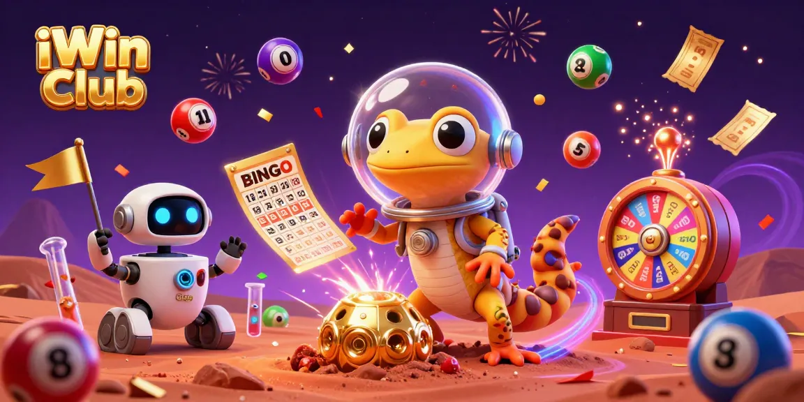 Experience the excitement of iWin Club with a Martian gecko discovering a golden casino amidst exploding colorful lottery elements.
