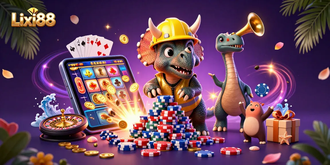 Lixi88 offers an exciting casino experience with vibrant 3D illustrations of games and characters celebrating wins.