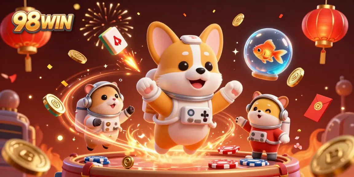 Experience thrilling gameplay with 98WIN's vibrant casino illustration featuring engaging characters and festive elements.