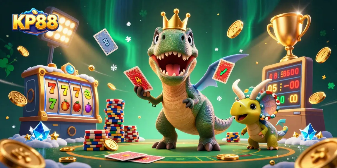 KP88 entertains with casino games featuring a T-Rex shuffling cards while fun characters introduce thrilling slots.