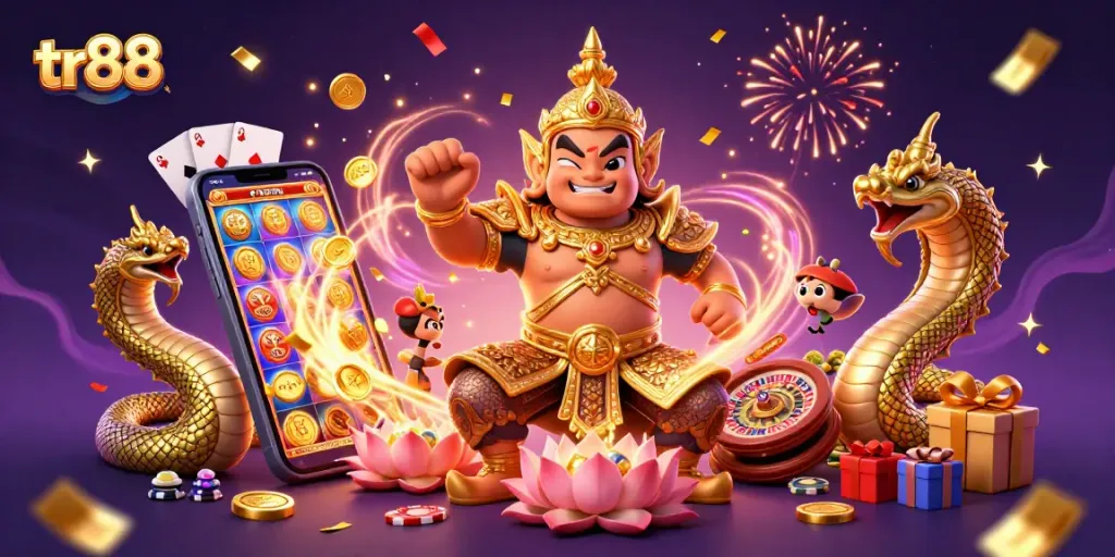 Spin and win with tr88, featuring vibrant slot games and dynamic casino elements.