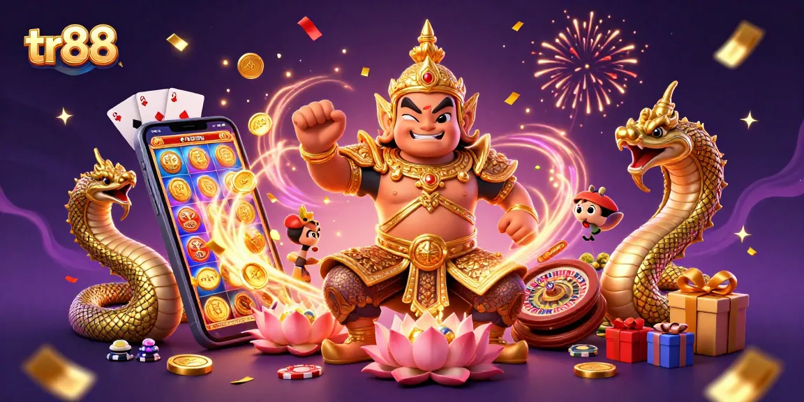 Spin and win with tr88, featuring vibrant slot games and dynamic casino elements.