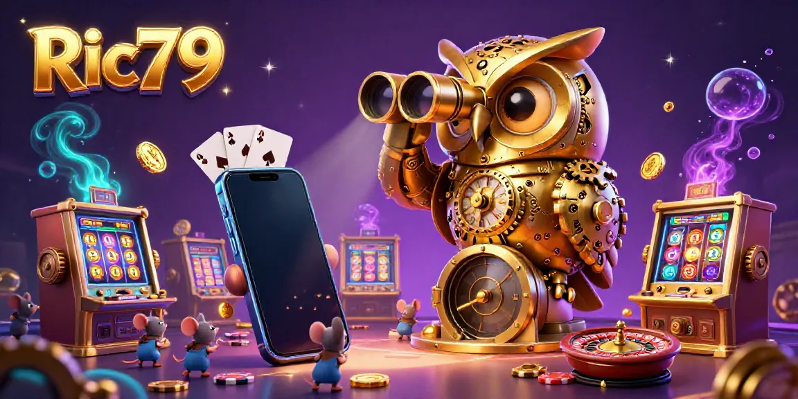 Engaging casino scene showcasing Ric79 with clockwork owl, slot machines, and gaming elements.