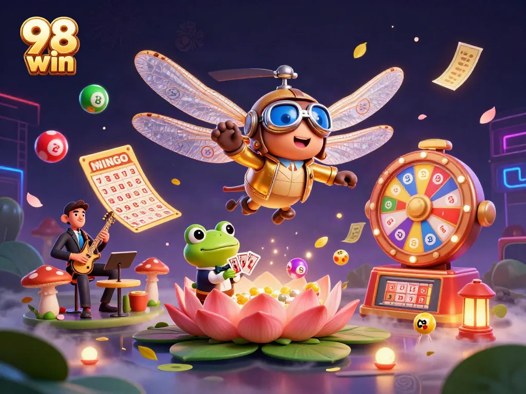 Experience vibrant casino excitement with 98 win as a dragonfly pilot and frog croupier entertain players.