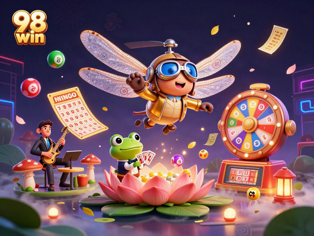 Experience vibrant casino excitement with 98 win as a dragonfly pilot and frog croupier entertain players.