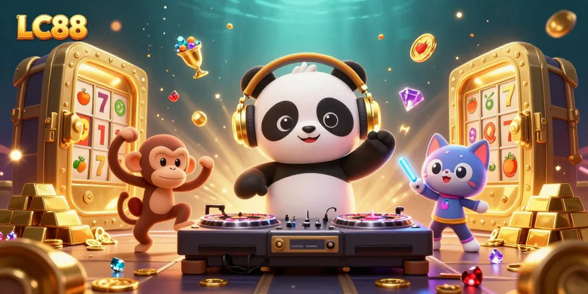 Engage with exciting LC88 games featuring vibrant 3D characters in a dynamic casino scene.