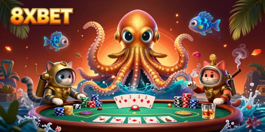 Experience the thrilling world of 8XBET with a dynamic illustration featuring a kraken and poker elements.