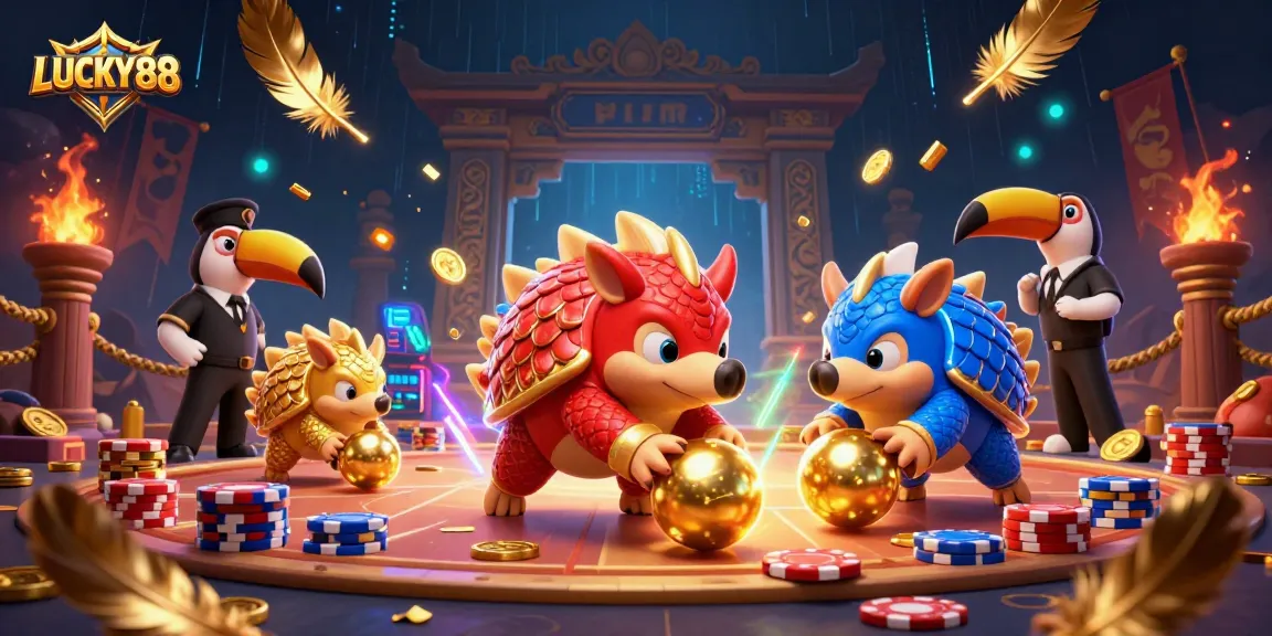 LUCKY88 competition with 3D pangolins rolling poker chips, showcasing vibrant online gaming