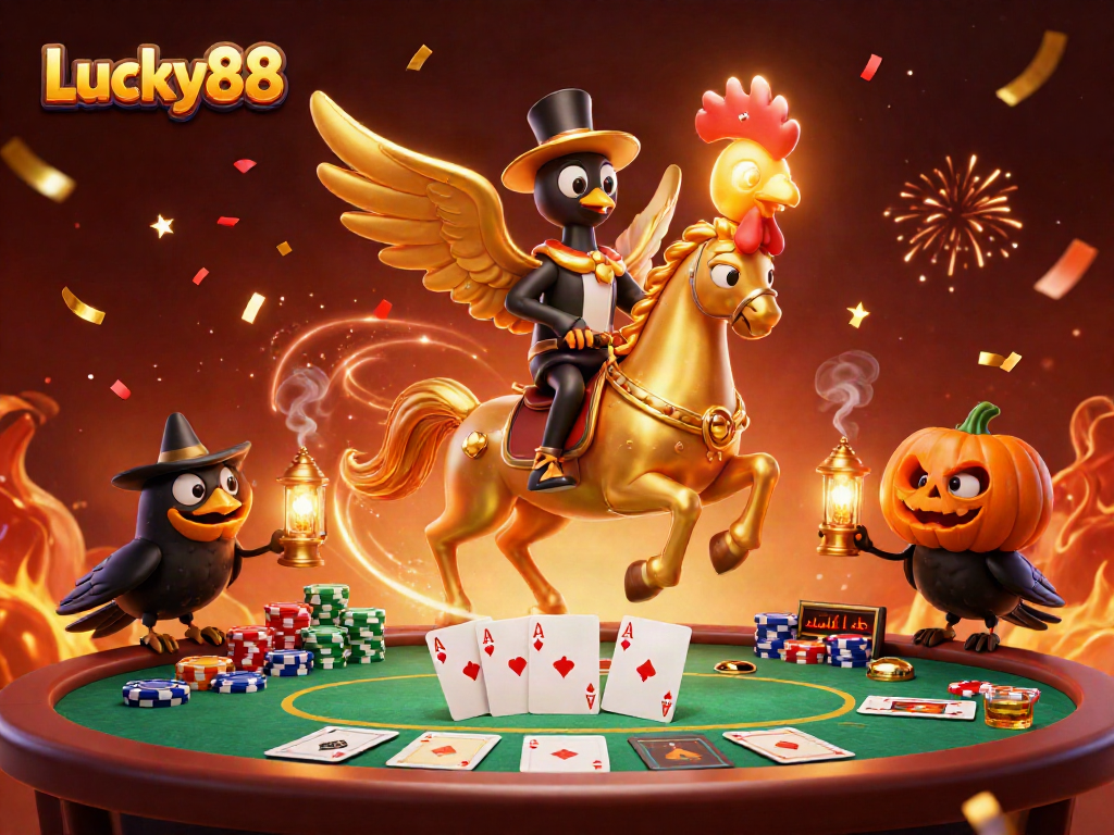 Engage with Lucky88's thrilling casino atmosphere featuring an adventurous golden rooster and festive characters.