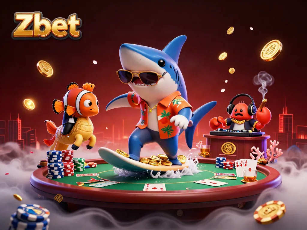 Zbet showcases a vibrant 3D scene featuring a shark, clownfish, and crab in a casino setting surrounded by poker elements.