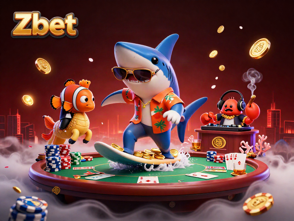 Zbet showcases a vibrant 3D scene featuring a shark, clownfish, and crab in a casino setting surrounded by poker elements.