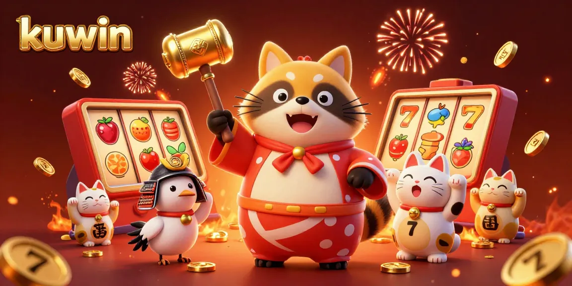 Kuwin's vibrant casino scene features cheerful tanuki and maneki-neko, celebrating luck in 2026.