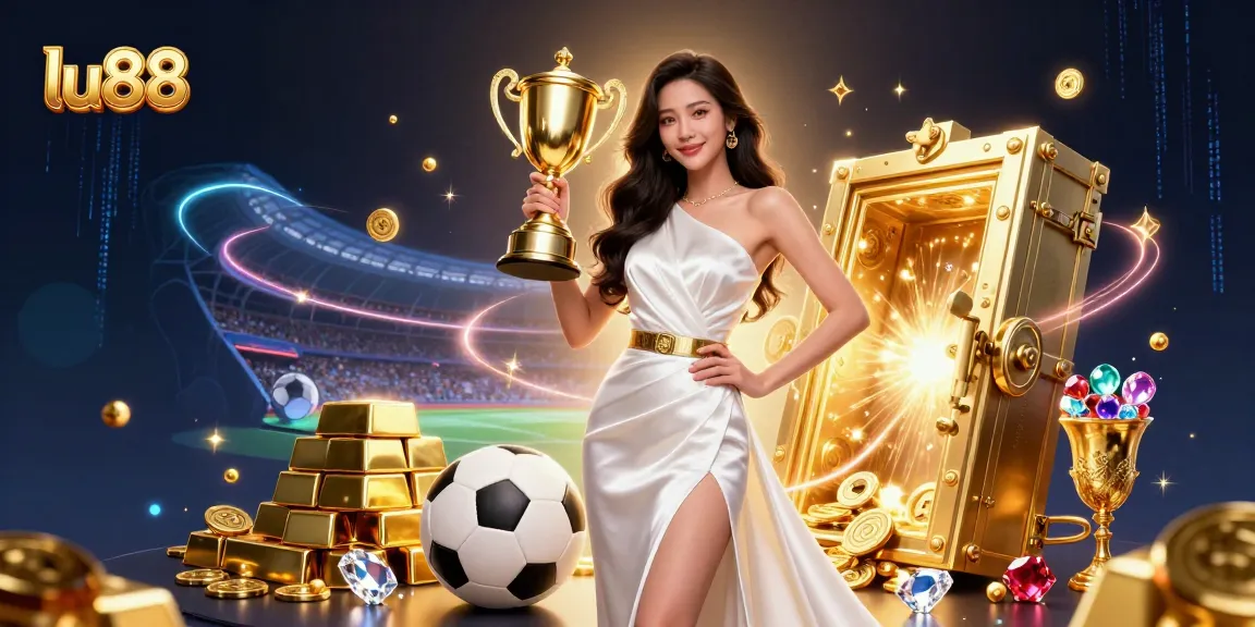 Experience the excitement of lu88 sports betting with a victorious Asian female champion and golden treasures.