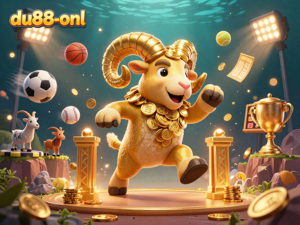 Dive into du88-onl's action with a gold ram charging through a vibrant sports betting arena filled with dynamic elements.
