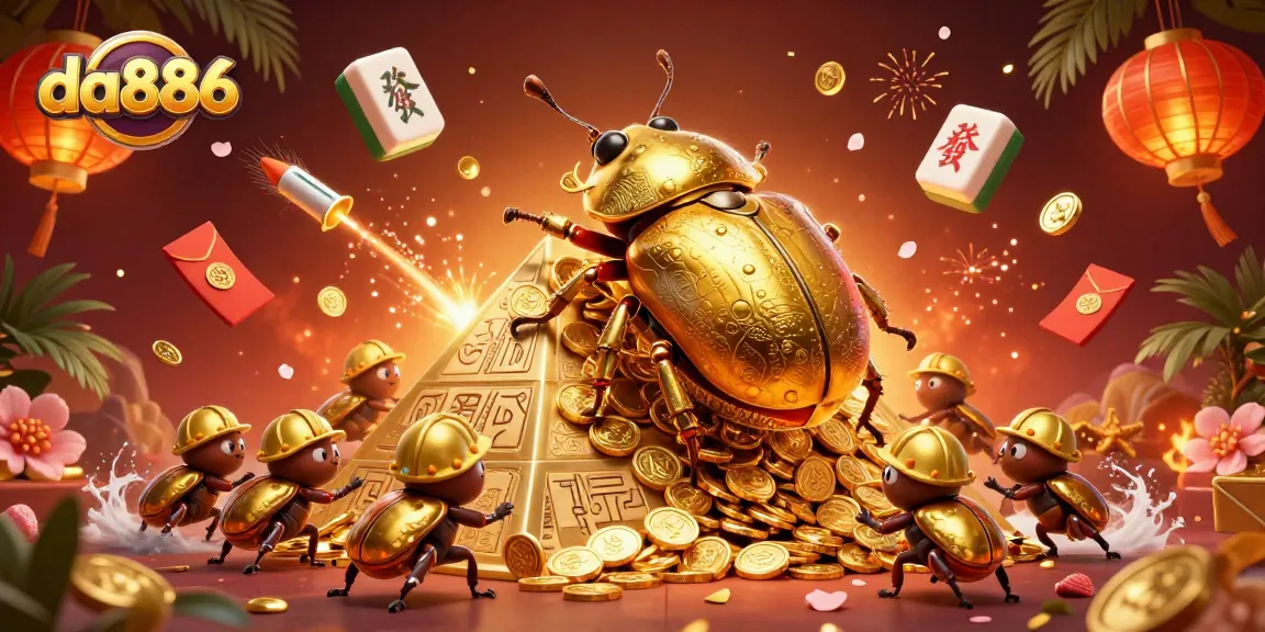 Experience thrilling gameplay with da886: A vibrant 3D illustration of a golden beetle in action.