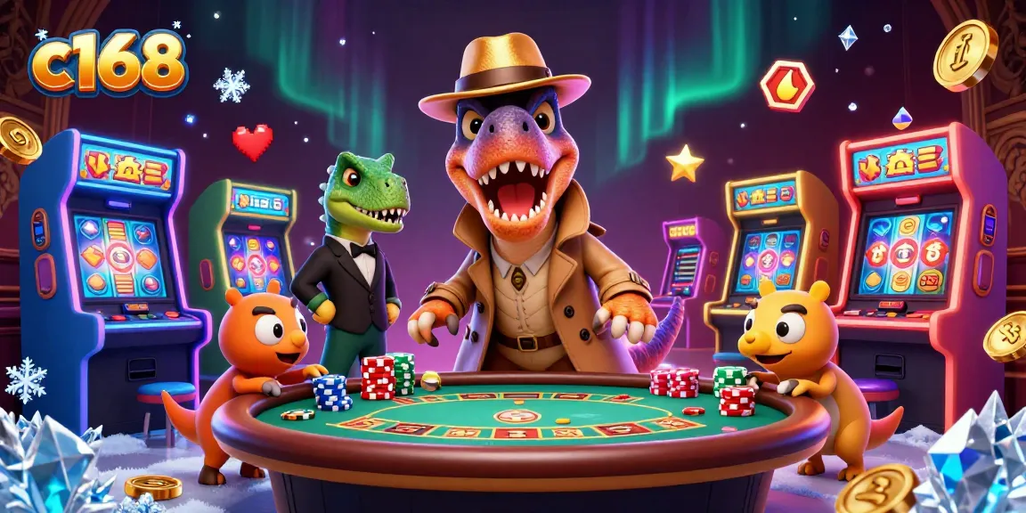Experience thrilling gameplay at c168 with a velociraptor card counter and stegosaurus pit boss at a buzzing casino table.