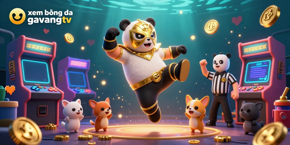 Experience xem bóng đá gavangtv with a lively illustration featuring a panda wrestler in action, capturing the casino spirit.
