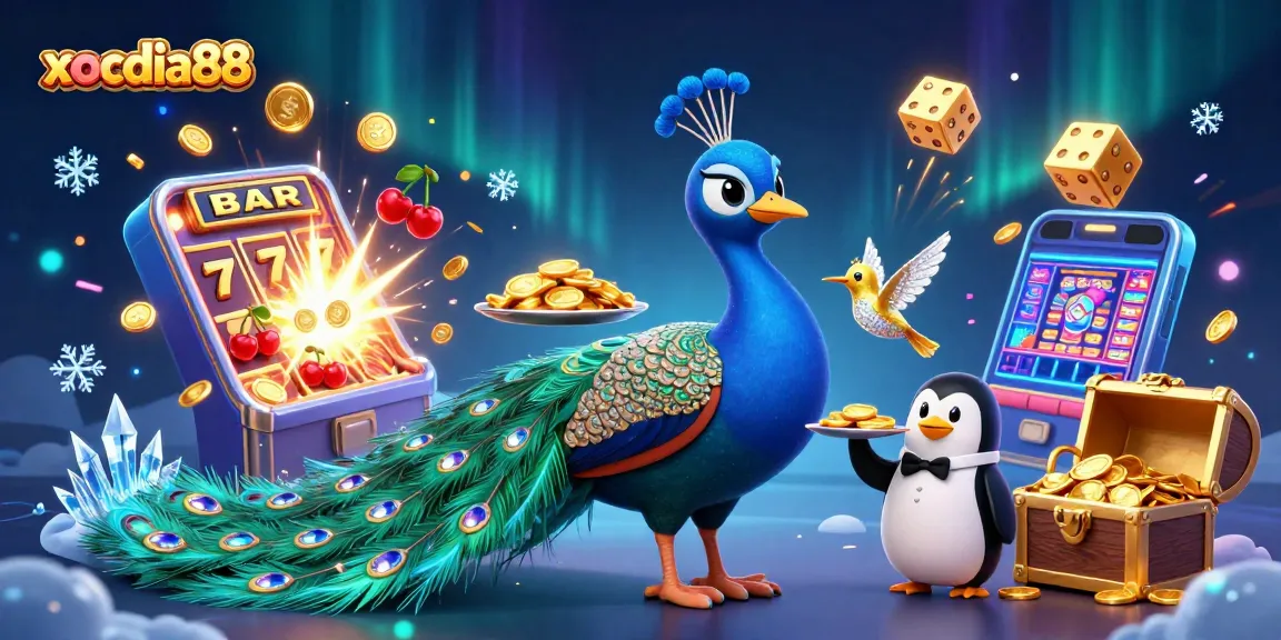 Play games at xocdia88, featuring an exuberant peacock and a penguin delivering winnings among vibrant casino elements.