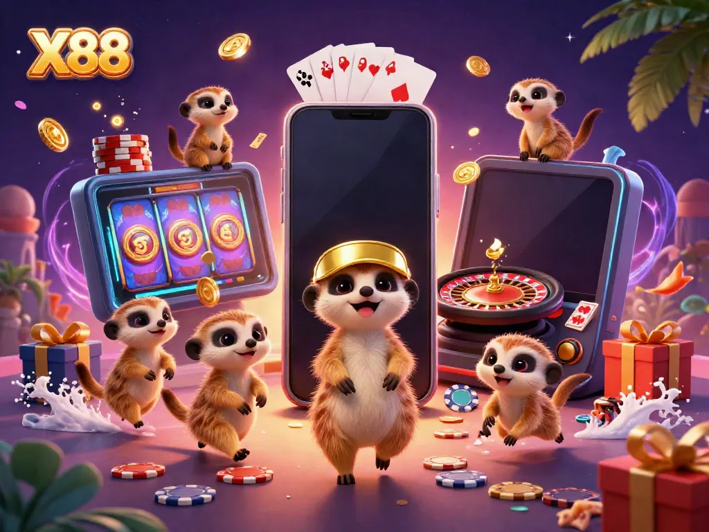 X88 meerkats managing a vibrant casino operation with colorful gaming elements.