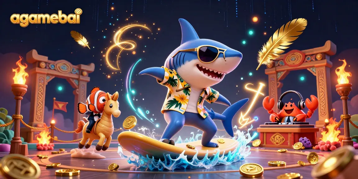 Experience agamebai thrills with a shark surfing gold coins during a vibrant casino party.