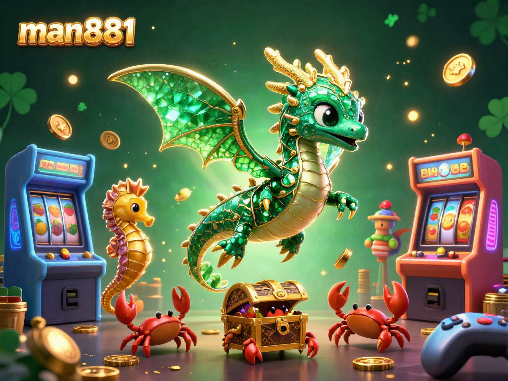 Experience winning opportunities at man881 with an exciting 3D casino scene featuring a dragon and treasure chest.